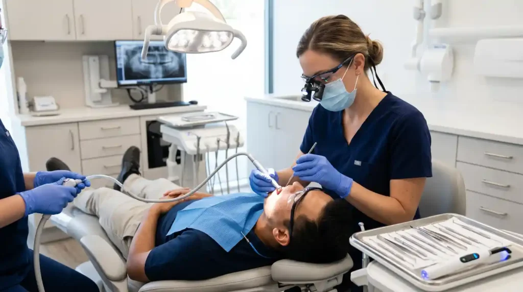 Dentist replacing an old tooth filling during a routine dental procedure.