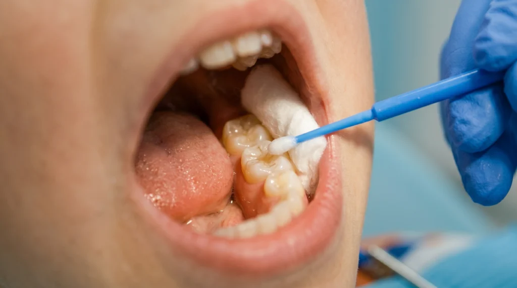 Dentist applying dental sealant on a child’s molar teeth in a modern clinic to prevent cavities