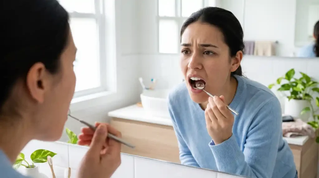 Person checking a tooth for early signs of a cavity.