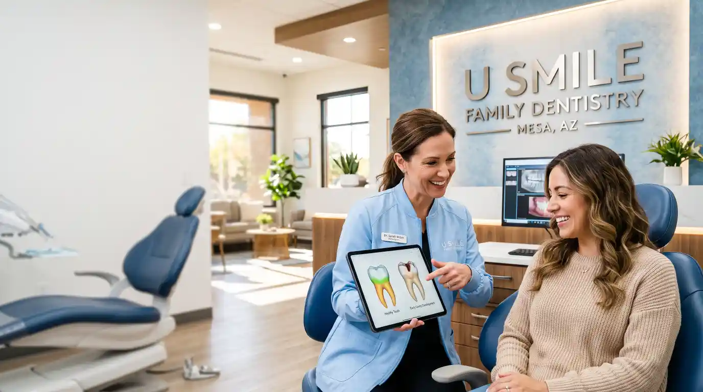 Dentist explaining early cavity detection to a patient at U Smile Family Dentistry in Mesa, AZ.