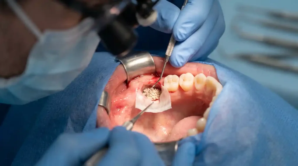 Bone graft material being placed into a tooth extraction socket for socket preservation.