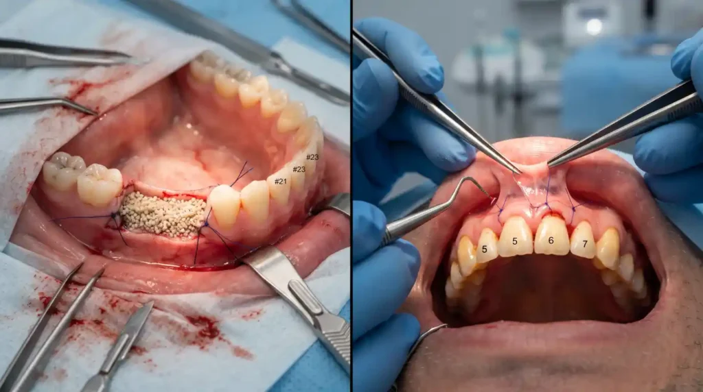 Comparison of a dental bone graft and a gum graft procedure.