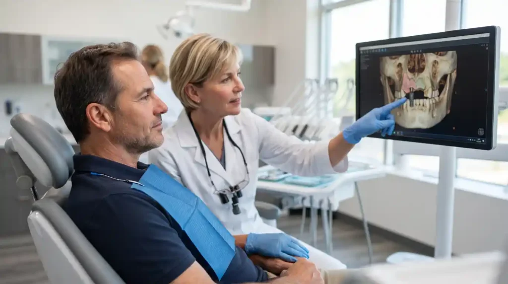 Dentist explaining a dental bone graft procedure using a digital jawbone scan before implant treatment.