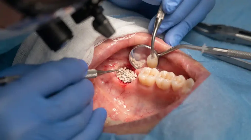 Dentist placing bone graft material into the jaw after tooth extraction.