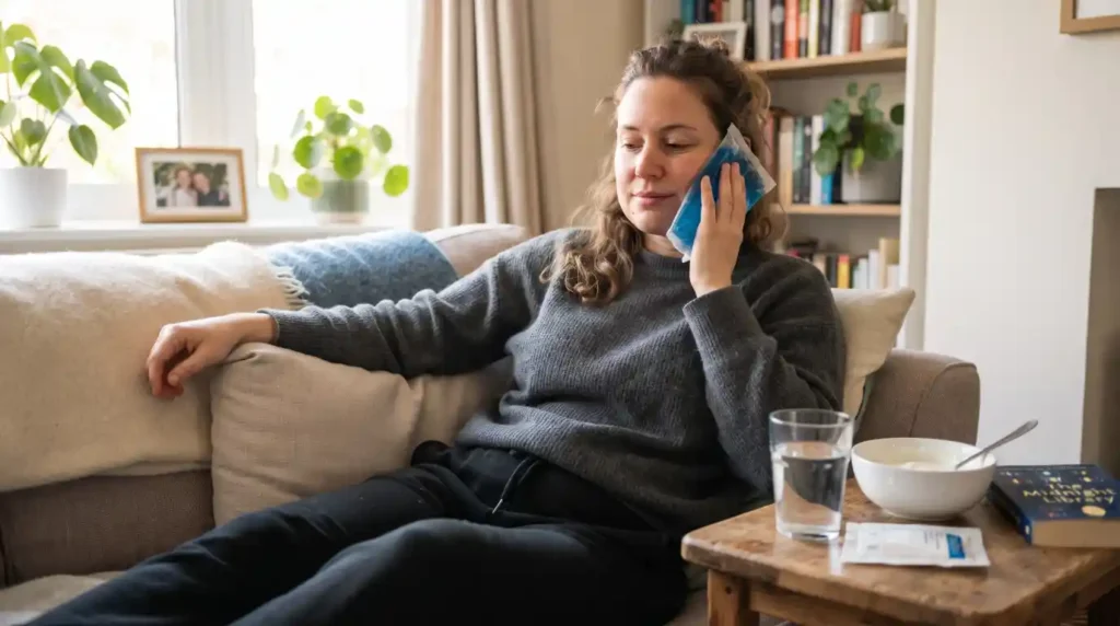 Patient recovering at home after a dental bone graft using a cold compress.