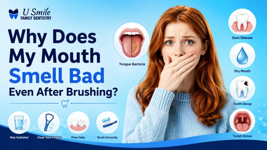 featured image of a blog why does my mouth smell bad even after brushing