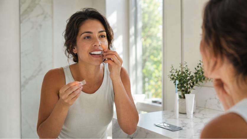 Woman applying a teeth whitening strip in front of a bathroom mirror.