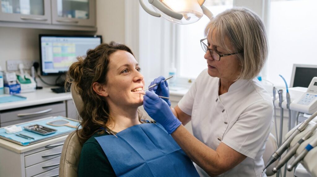 Dentist examining a patient with naturally yellow teeth