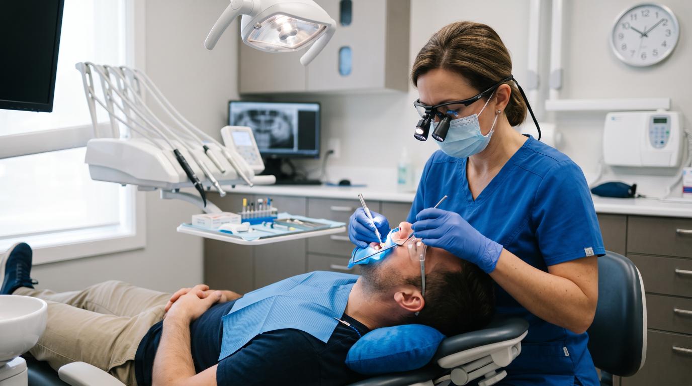 Dentist performing a root canal procedure while treating a patient in a dental clinic