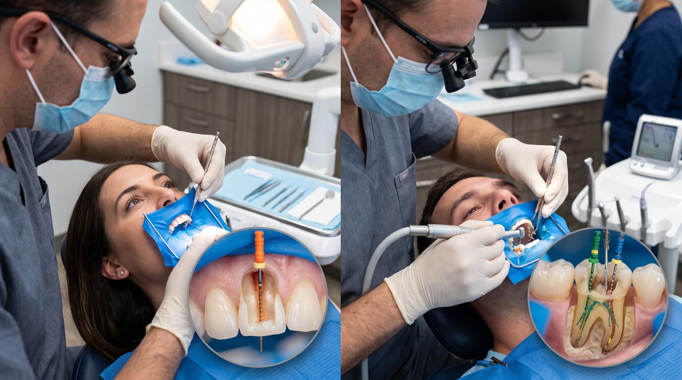 Dentist treating front and back teeth during different root canal procedures