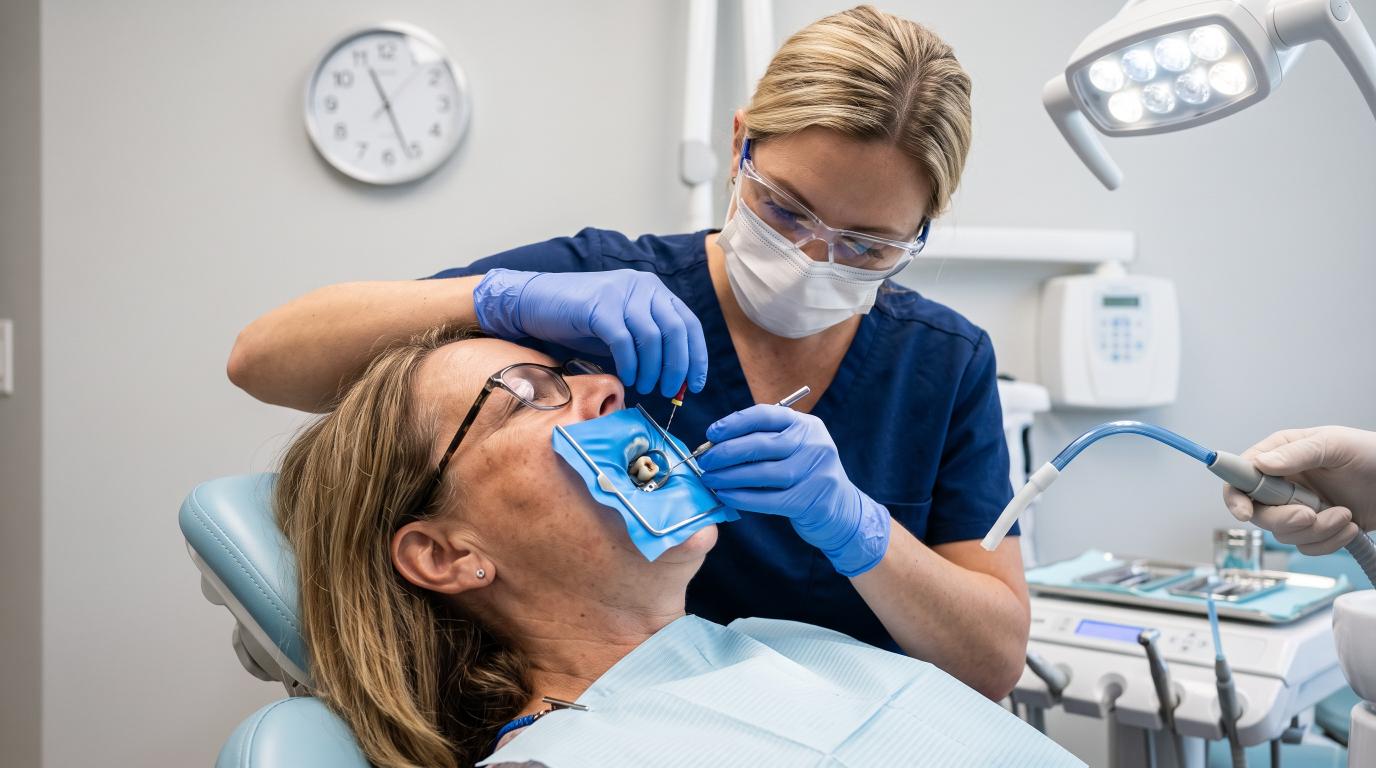 Dentist preparing a patient for a root canal procedure in a dental clinic