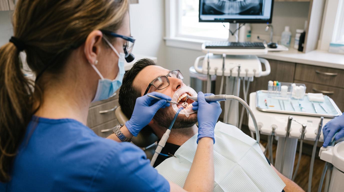 Dentist performing a root canal procedure on an adult patient