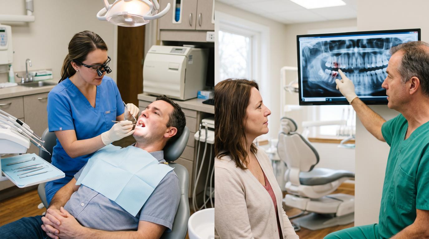 Dentist discussing root canal and tooth extraction options with patients
