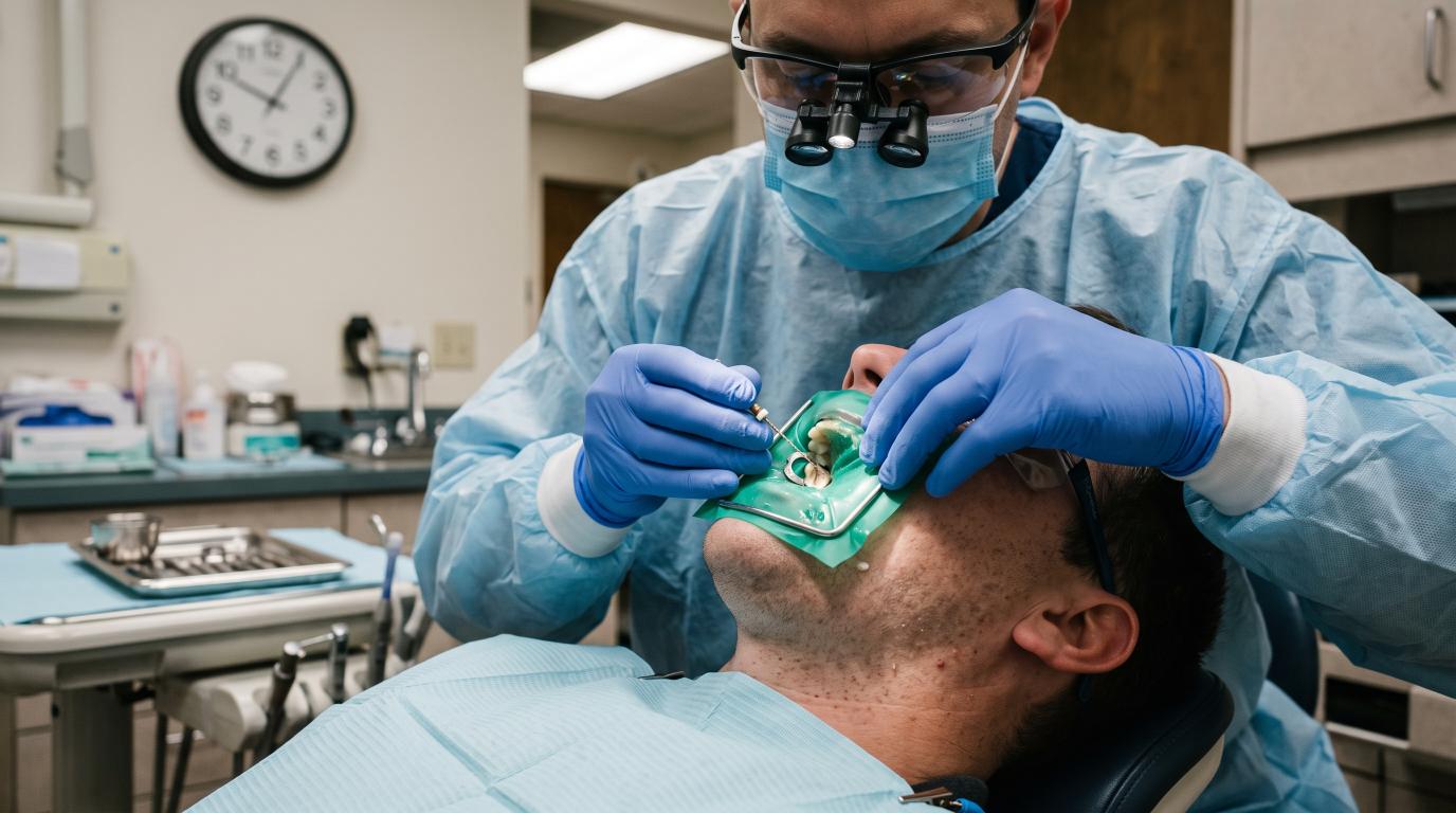 Dentist cleaning the root canals of a damaged tooth during treatment
