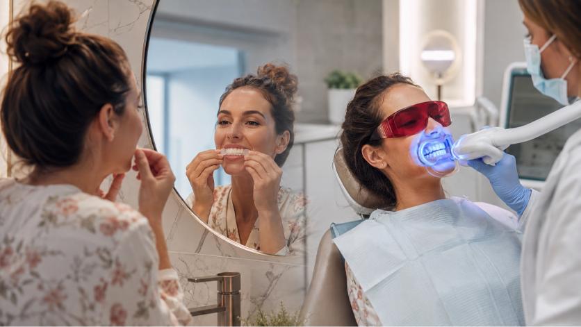 Comparison between at-home whitening strips and professional teeth whitening.