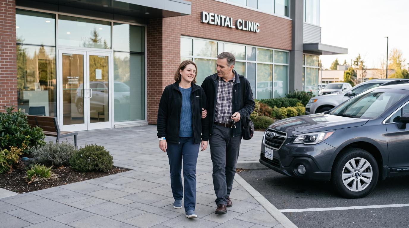 Patient leaving dental clinic with a driver after sedation