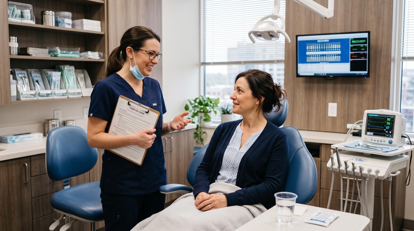 Patient discussing dental sedation recovery with a dentist in a dental clinic