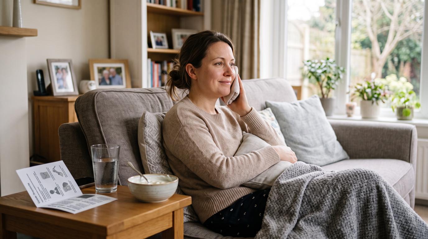 Adult recovering carefully after a tooth extraction at home