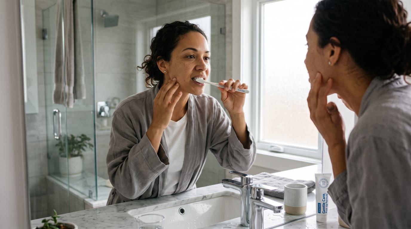Person gently brushing teeth after a tooth extraction