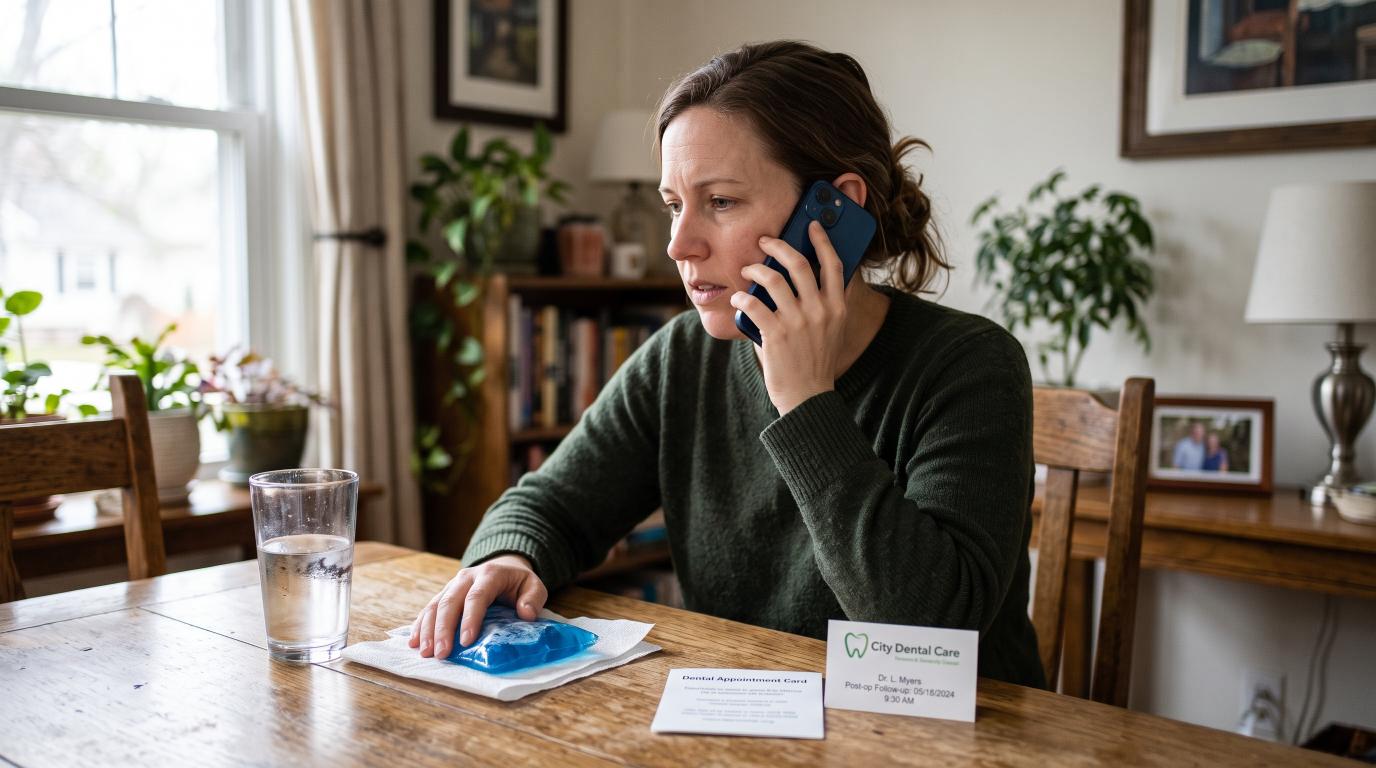 Person contacting a dentist about concerning symptoms after tooth extraction