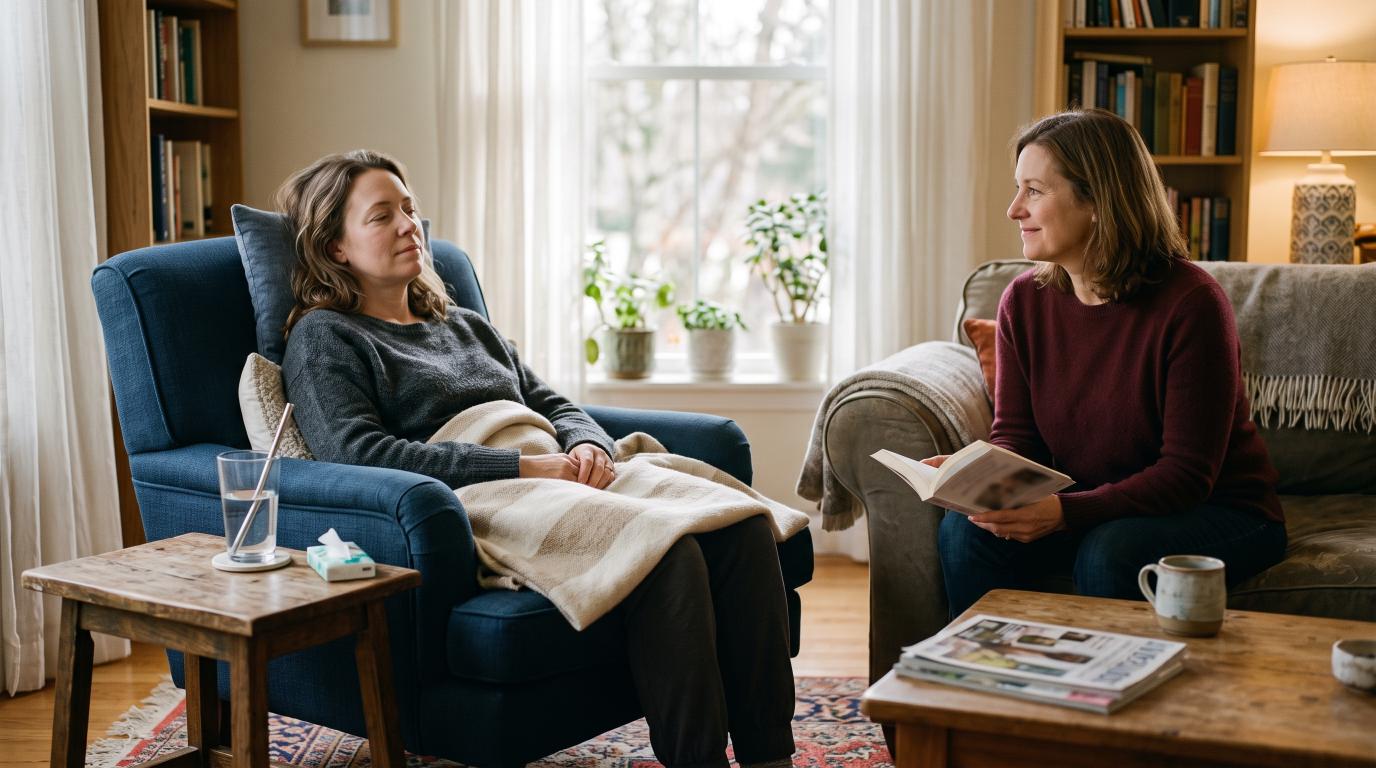 Patient resting at home after dental sedation with a caregiver nearby
