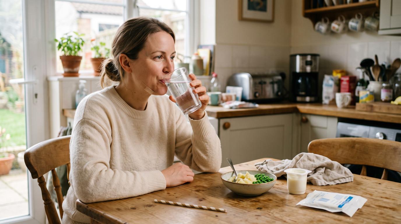 Person drinking from a glass instead of using a straw after tooth extraction