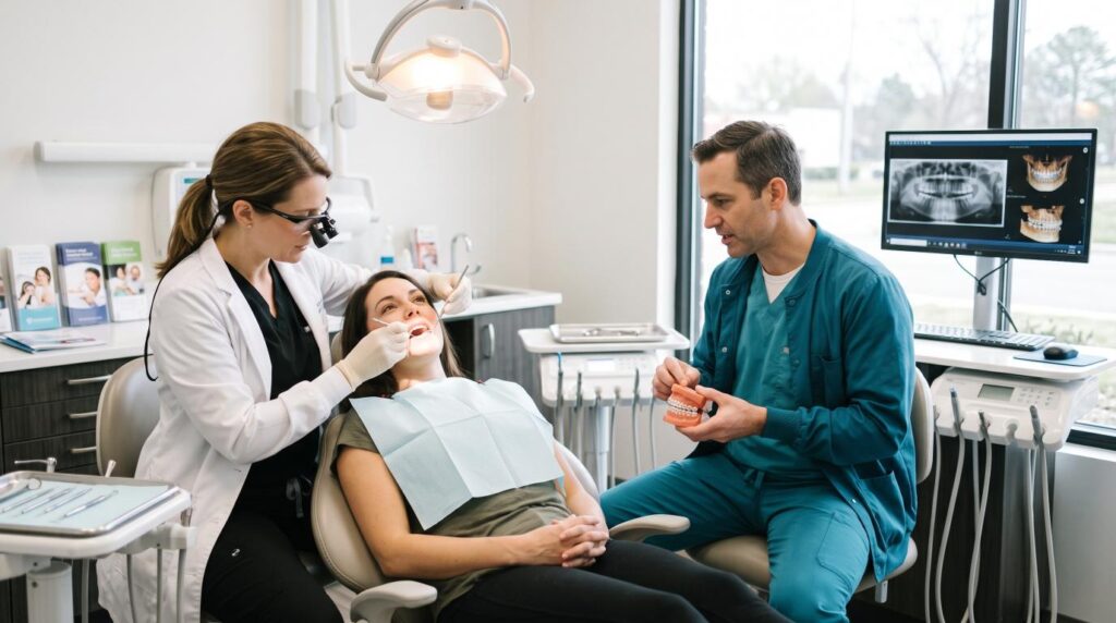 Difference between a dentist and an orthodontist during dental care and teeth alignment evaluation.