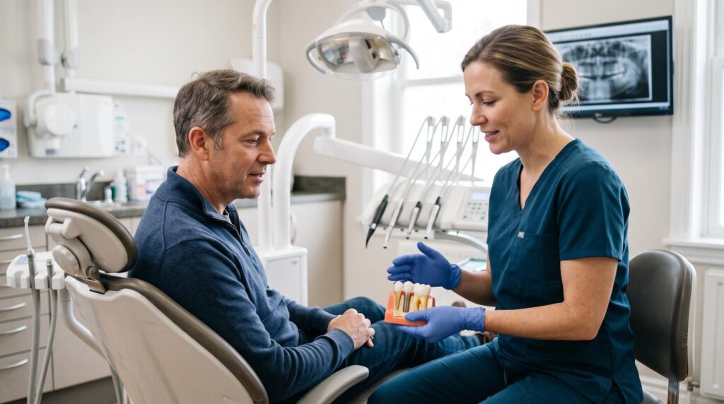 Do dental implants hurt? Dentist explaining implant treatment to a patient.