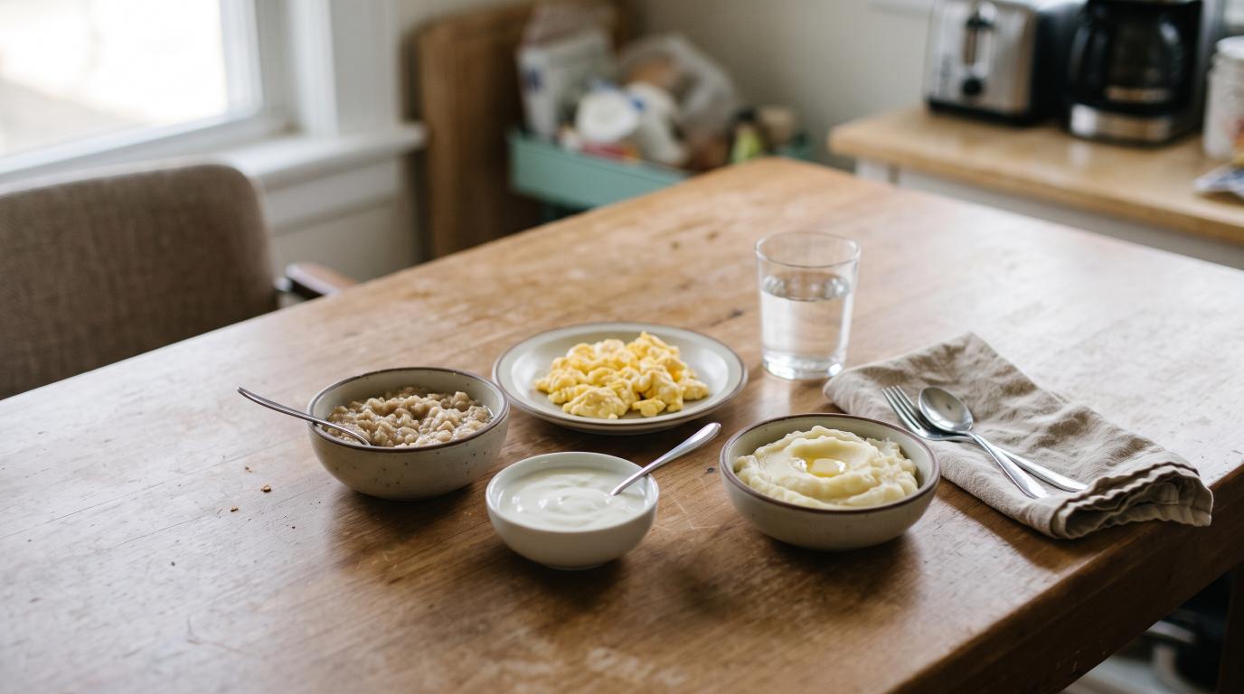 Soft foods including oatmeal, scrambled eggs, yogurt, and mashed potatoes for dental implant recovery.