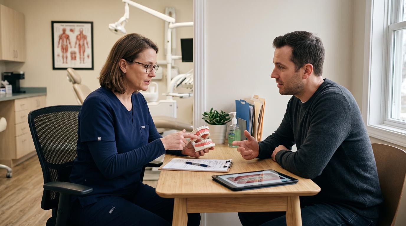 Orthodontist explaining a tooth alignment model to a patient during a consultation