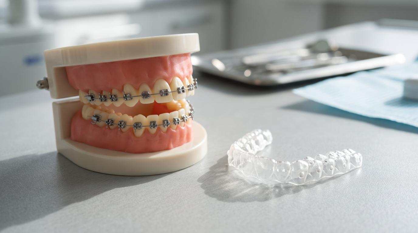 Metal braces and a transparent clear aligner showing two orthodontic treatment options