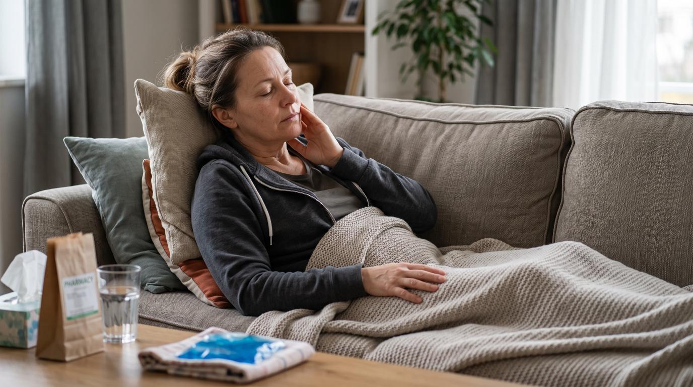 Adult patient resting at home with mild cheek tenderness after dental implant surgery
