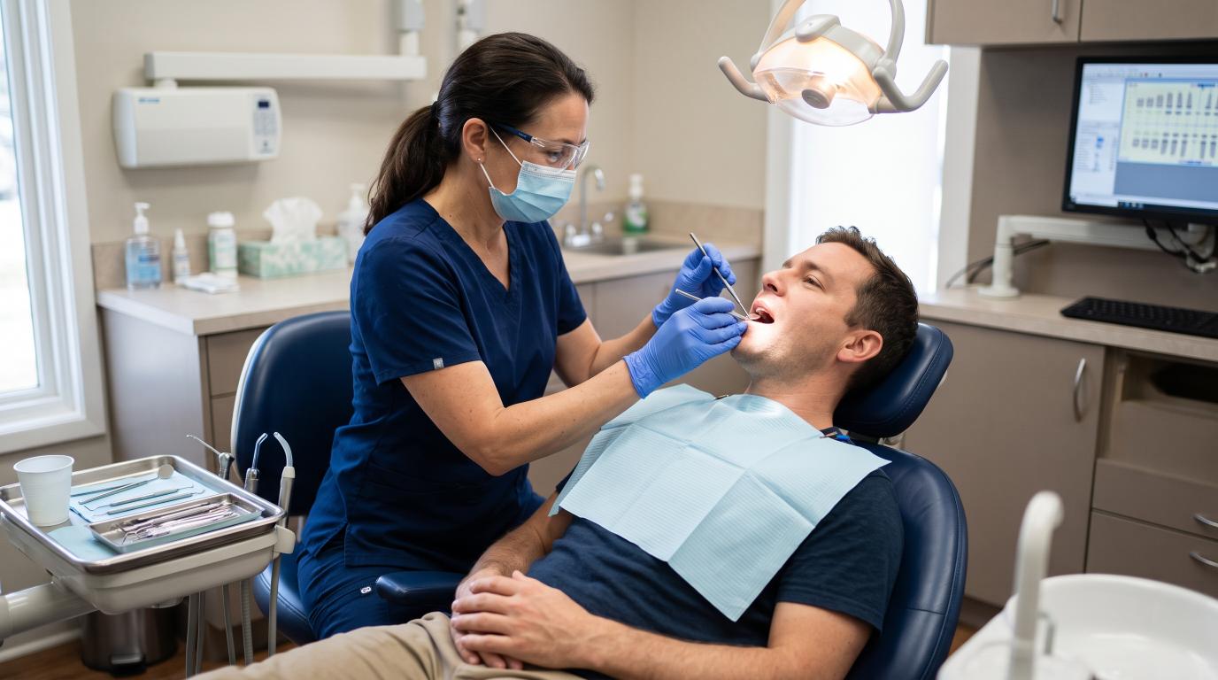 General dentist examining a patient's teeth during a routine dental checkup
