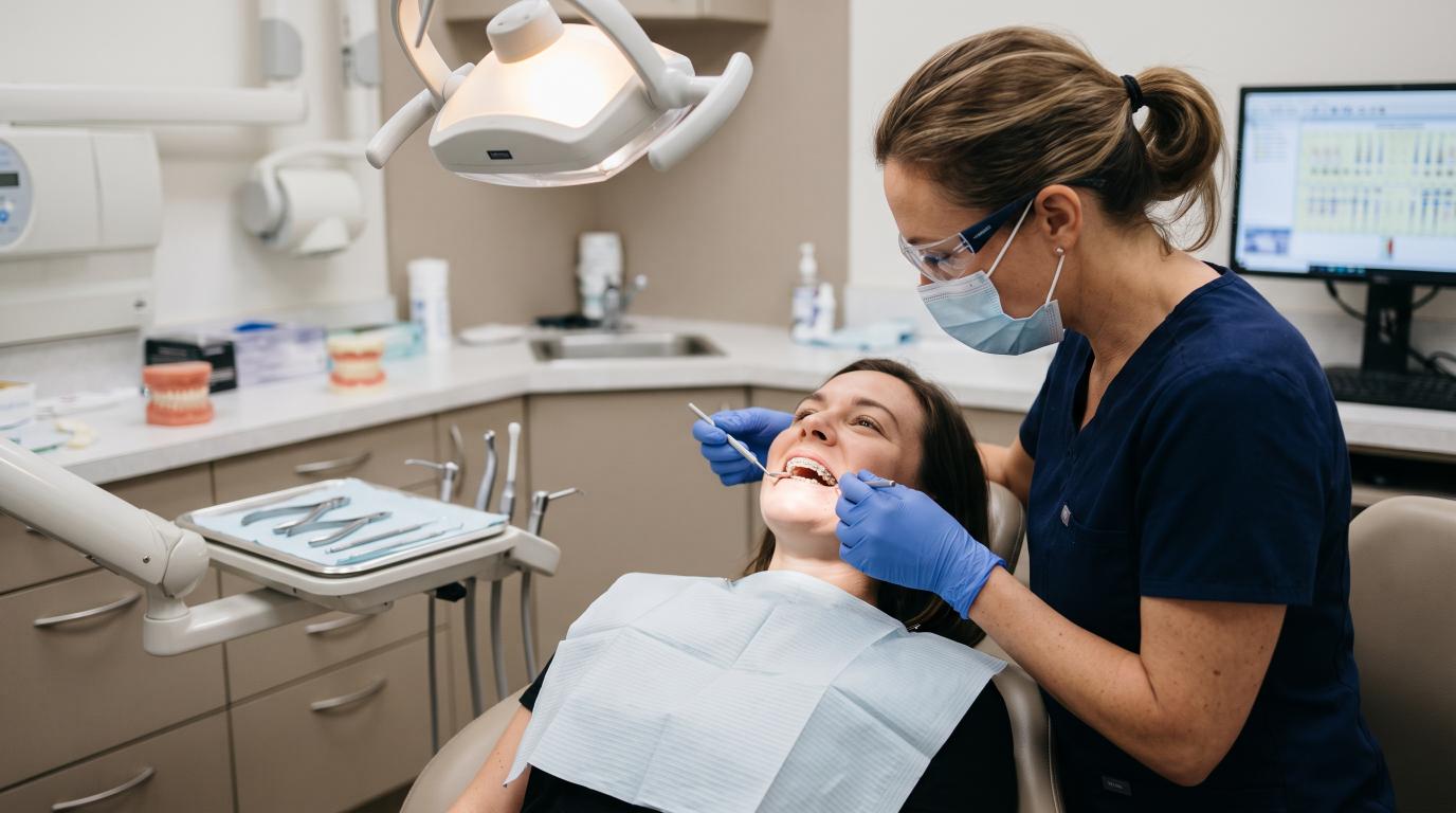 Orthodontist examining a patient's braces and tooth alignment in a dental clinic