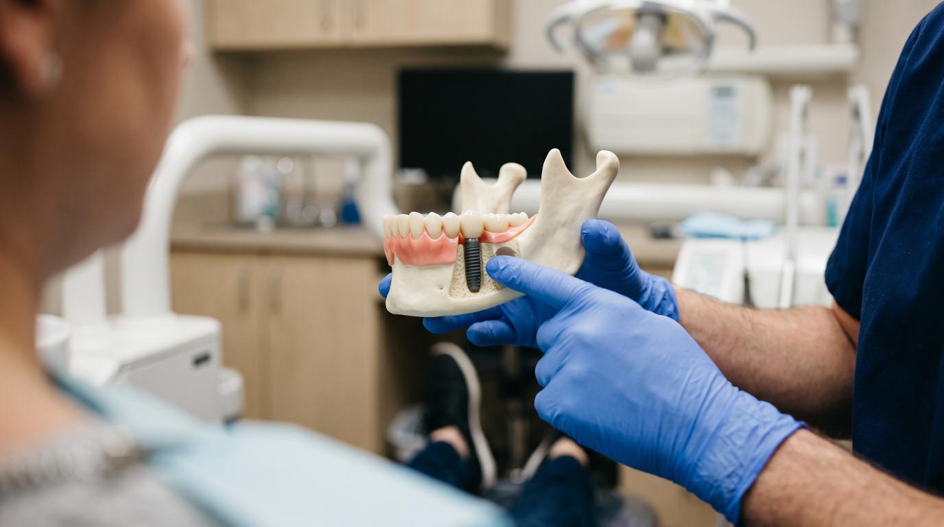 Dentist explaining how a titanium dental implant supports a replacement tooth using a jaw model