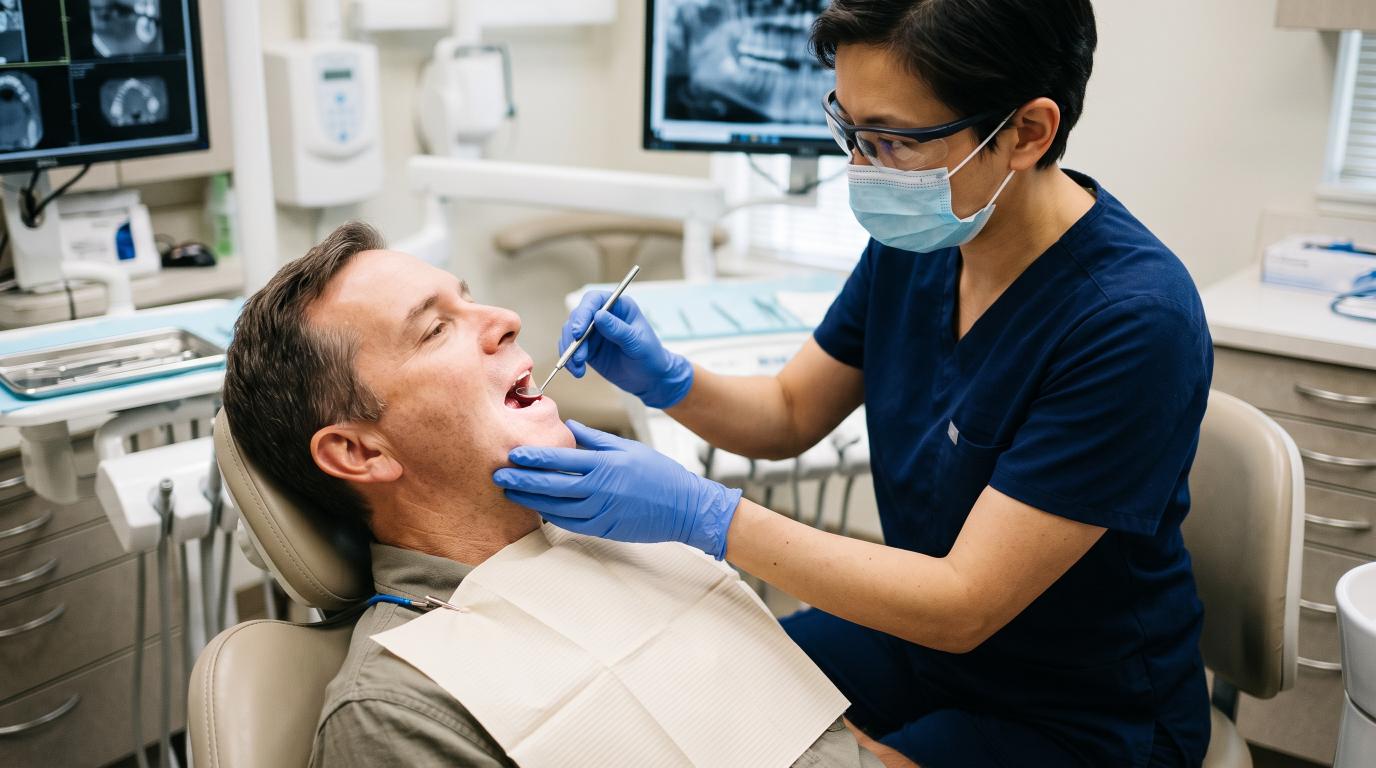 Dentist examining a patient's mouth during a follow-up visit after dental implant surgery